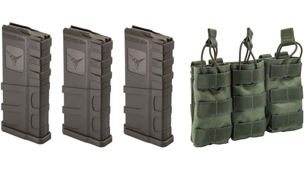 3 TRYBE Defense AR-15 Extended Grasp 10-Round Magazine and 1 TRYBE Defense Triple 5.56 Magazine Pouch, Olive Drab Green