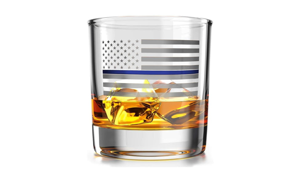 Old Southern Brass Thin Blue Line American Flag Whiskey Glass, Clear, 10 oz, OSB-WG-TBL