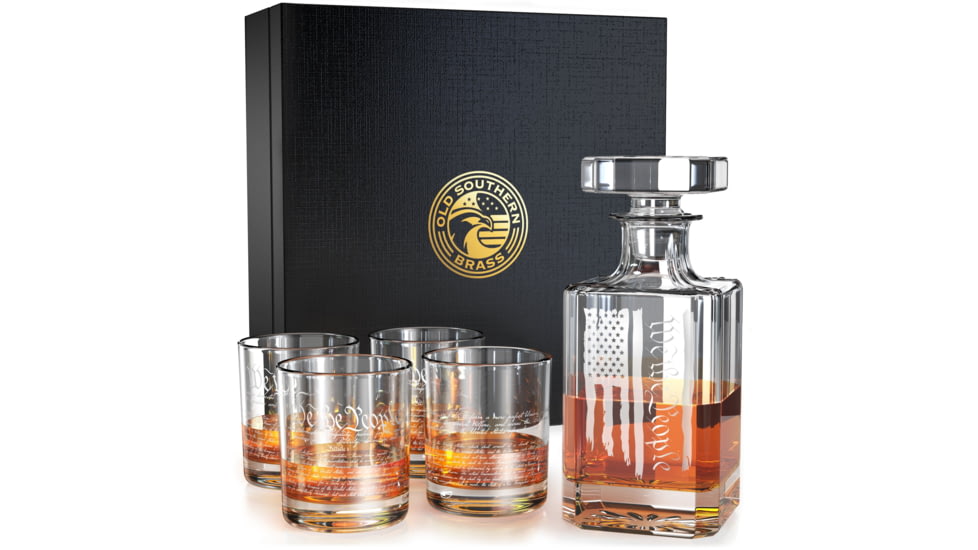 Old Southern Brass We The People American Flag Decanter Whiskey Glass Premium Gift Box, Gift  5 Piece Set, Clear, One Size, OSB-5PCSET-WTP