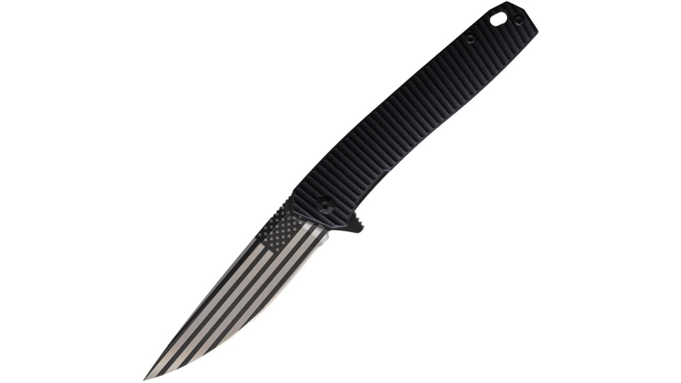 3V Gear American Flag React Folding Knife, 3.75in Closed, 3in, 8Cr14MoV, Black Coated Blade, Black Grooved G10 Handle, VVV-GB-BC-US-FLAG