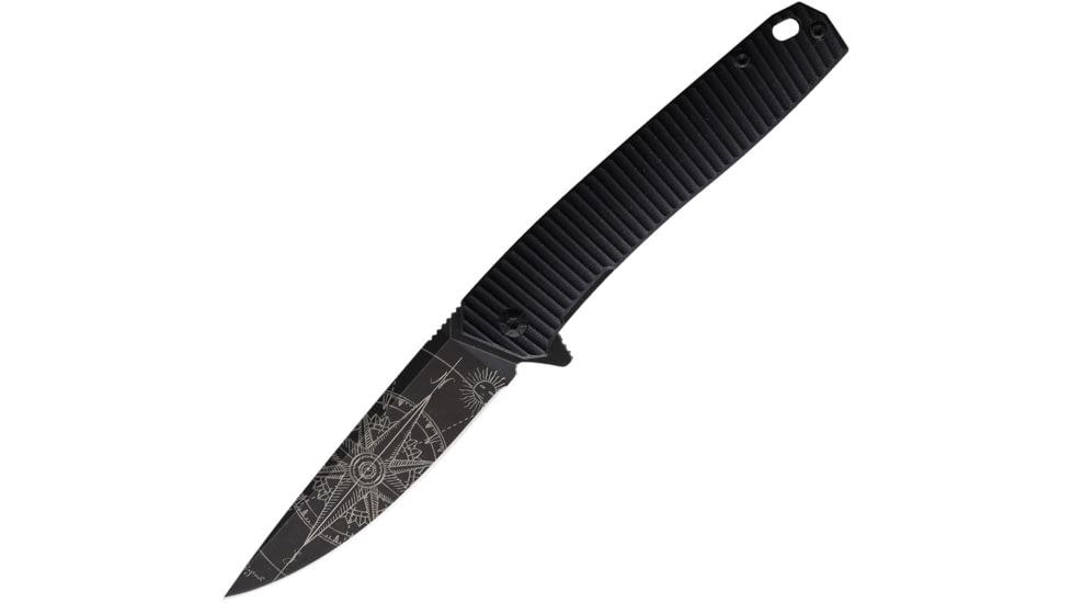 3V Gear Compass React Folding Knife, 3.75in Closed, 3in, 8Cr14MoV, Black Coated Blade, Black Grooved G10 Handle, VVV-GB-BC-COMPASS
