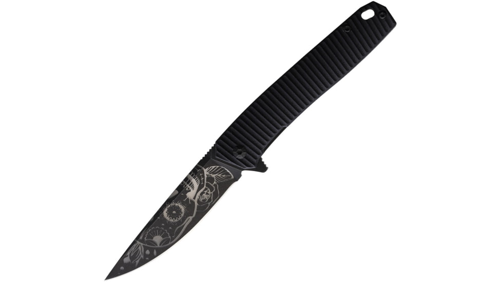 3V Gear Dia De Los Muertos Folding Knife, 3.75in Closed, 3in, 8Cr14MoV, Black Coated Blade, Black Grooved G10 Handle, VVV-GB-BC-MUERTOS