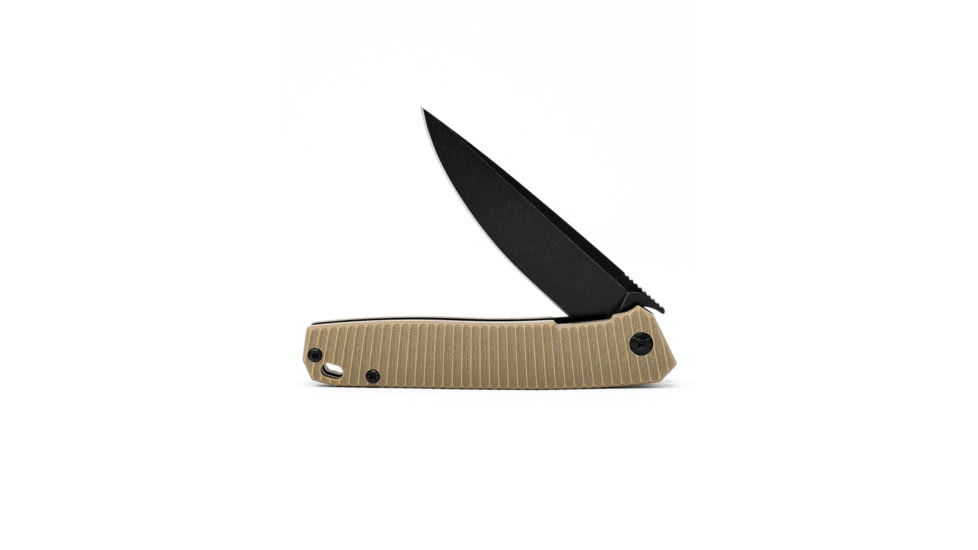 3V Gear Tan React Folding Knife - Grooved G10/Black Coated, tan-react-folding-knife-grooved-g10-black-coated