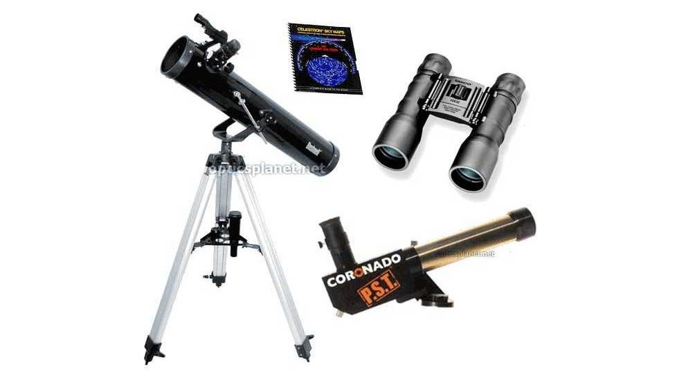 4-PC Ultimate Science Gift Package - Coronado 40mm-400mm Personal Solar Telescope PST, Bushnell 3 in Telescope 789669, Celestron Sky Maps 93722, Tasco Essentials 16x32 FRP Compact Binoculars ES1632