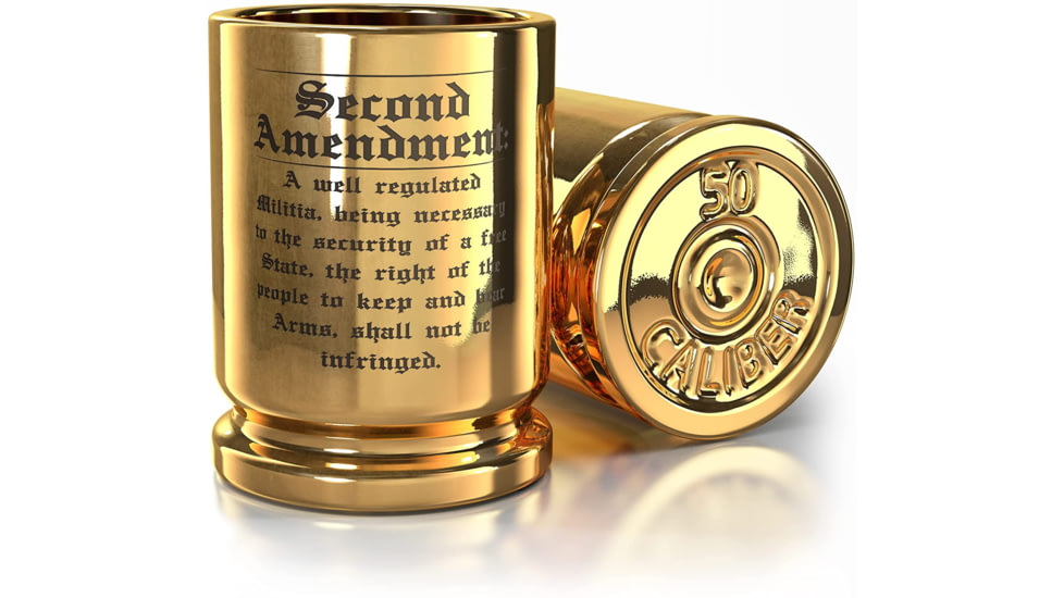 Old Southern Brass 2nd Amendment Engraved 50 Caliber Brass Ceramic Shot Glasses, Set of 2, Gold, 2 oz, OSB-50SG-2ND