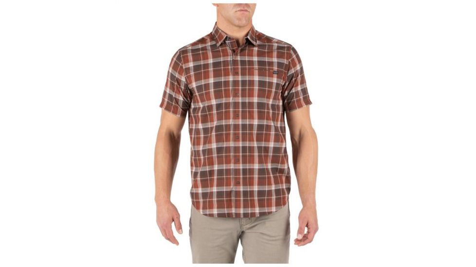 5.11 Tactical Hunter Plaid Short Sleeve Shirt - Men's, Mahogany Plaid, Small, Short, 71374-445-S