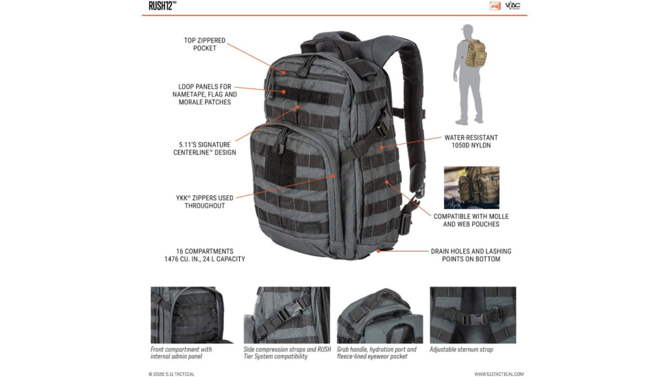 5.11 Tactical Rush 12 Backpack, 37L, Tac Od, 56892-188-1SZ