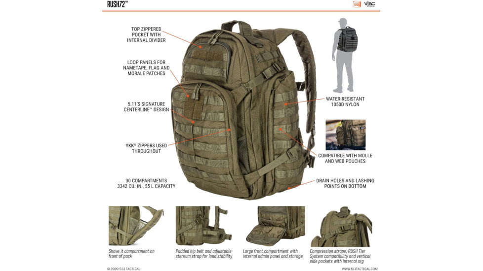5.11 Tactical Rush 72 Backpack 55L, Olive Drab, 58602-188