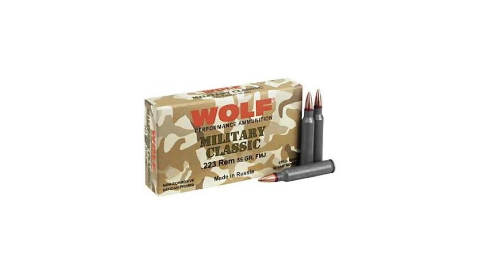 Wolf Ammo Military Classic .223 Remington 55 Grain Full Metal Jacket Steel Cased Rifle Ammo, 500 Rounds, MC22355FMJC