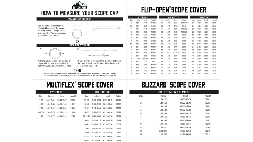 Butler Creek Scope Caps Sizing Chart