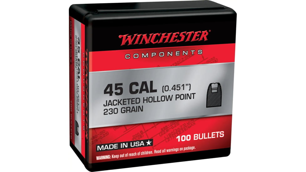Winchester Ammo Centerfire Handgun Reloading, 45 Cal .451 230 Grain, Jacketed Hollow Point, 100 Bullets, WB45HP230X
