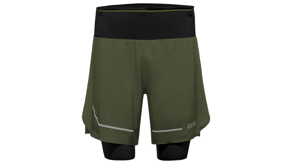 GOREWEAR Ultimate 2in1 Running Shorts Mens in Utility Green XS Slim fit 12287E2E, 100759-BH00-S