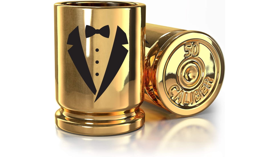 Old Southern Brass Groomsmen Tuxedo 50 Caliber Brass Ceramic Shot Glasses, Set of 2, Desert Tan, 2 oz, OSB-50SG-TUX