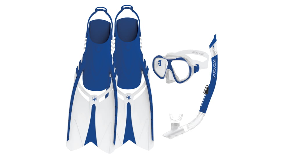 Body Glove Enlighten II Mask/Snorkel/Fins Complete Set - Blue/White 9DA1EE05, L/XL, Blue/White, 21029SET-Blue-White-L/XL