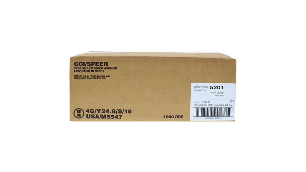 CCI Ammunition CCI Blazer Brass Handgun Ammunition 9mm Luger 124 gr. FMJ 1090 fps 1000/ct 20-50/ct EEA78F9E, CC5201C