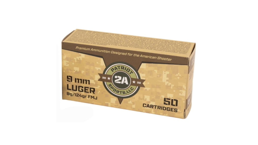 Patriot Sports, USA 9mm Luger 124 Grain Full Metal Jacket Brass Cased Pistol Ammo, PJP9MM124FC