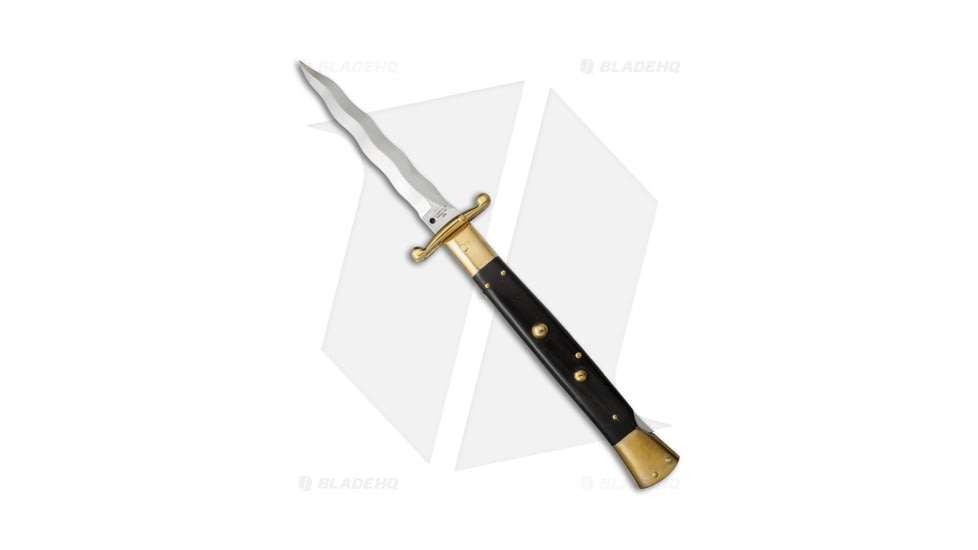 A.G.A. Campolin 13 Swinguard Automatic Folding Knife, 6.00in, Stainless Steel, Kriss Blade, Ebony, Black Handle, Brass/Ebony Wood, Black/Steel, 13.00 inch, BHQ-50740