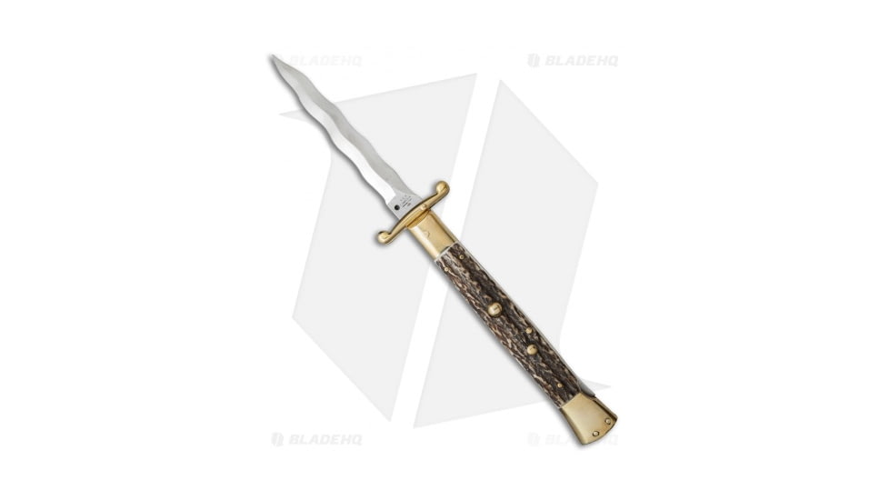 A.G.A. Campolin 13 Swinguard Automatic Folding Knife, 6.00in, Stainless Steel, Kriss Blade, Stag Horn, Brown Handle, Brass/Stag Horn, Brown/Steel, 13.00 inch, BHQ-50742