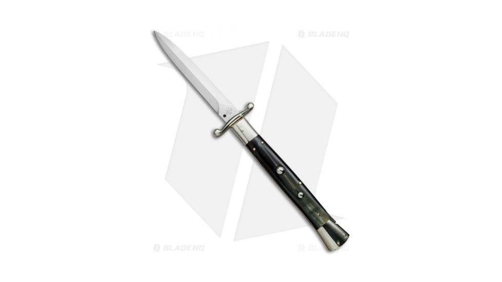 A.G.A. Campolin 13 Swinguard Automatic Folding Knife, 6.00in, Stainless Steel, Dagger Blade, Horn, Brown Handle, Dark Horn, Brown/Gray, 13.00 inch, BHQ-50765