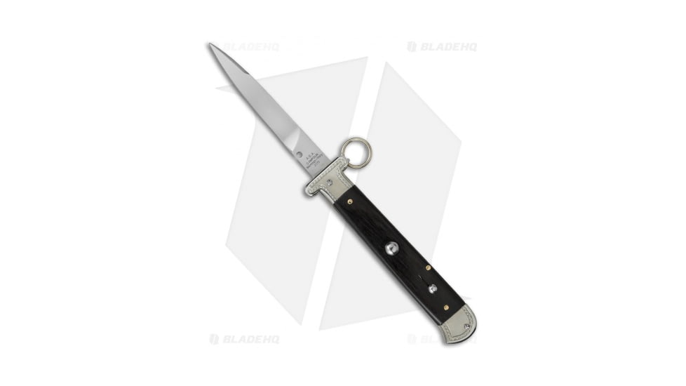 A.G.A. Campolin 9 Francese Ring Pull Automatic Folding Knife, 3.75in, Stainless Steel, Dagger Blade, Wood, Black Handle, Black/Steel, 8.50 inch, BHQ-50749