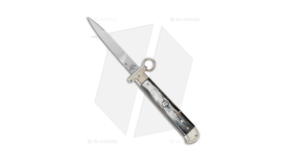 A.G.A. Campolin 9 Francese Ring Pull Automatic Folding Knife, 3.75in, Stainless Steel, Dagger Blade, Horn, Brown Handle, Brown/Steel, 8.50 inch, BHQ-50750