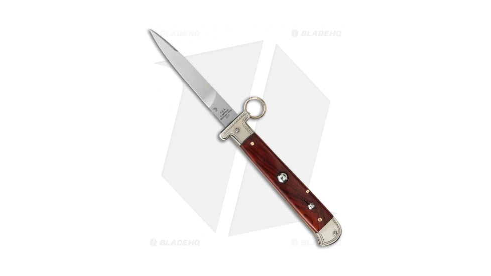 A.G.A. Campolin 9 Francese Ring Pull Automatic Folding Knife, 3.75in, Stainless Steel, Dagger Blade, Wood, Brown Handle, Brown/Steel, 8.50 inch, BHQ-50771