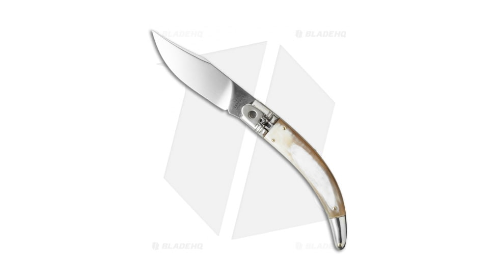 A.G.A. Campolin Diana Automatic Folding Knife, 3.75in, Stainless Steel, Clip Point Blade, Horn, Tan Handle, Tan/Steel, 8.50 inch, BHQ-34350