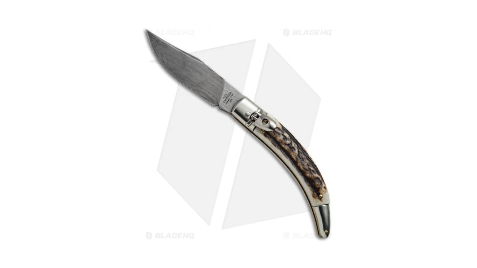 A.G.A. Campolin Diana Automatic Folding Knife, 3.75in, Damascus, Clip Point Blade, Stag Horn, Brown Handle, Brown/Black, 8.50 inch, BHQ-67441
