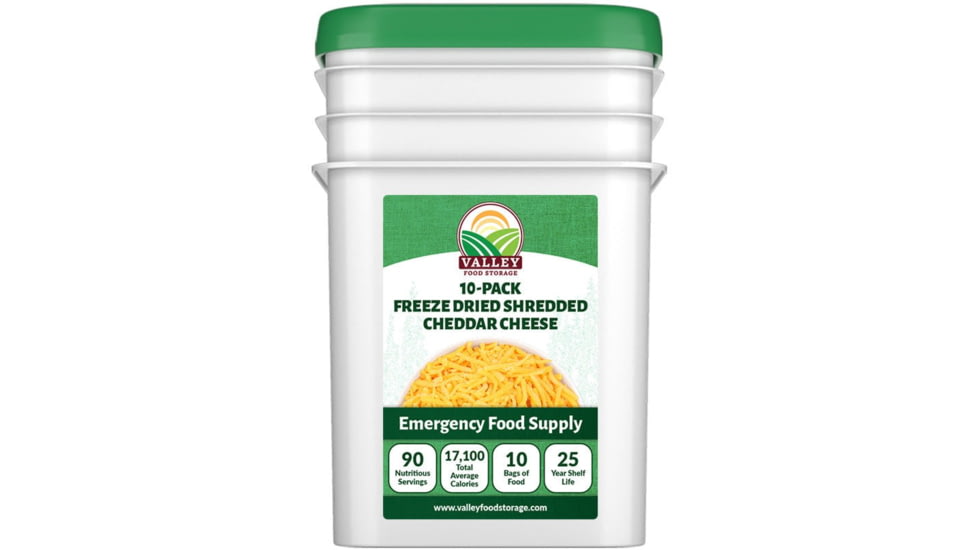 Valley Food Storage Freeze Dried Shredded Cheddar Cheeses, 10 Pack + Bucket, V700-10