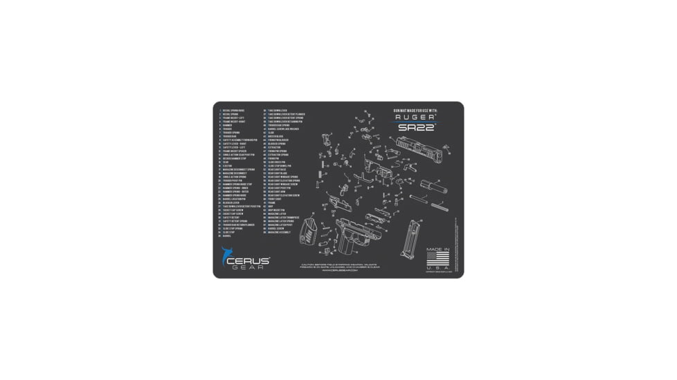 Cerus Gear RUGER SR22 SCHEMATIC HANDGUN MAT - CHARCOAL GRAY/CERUS BLUE, 12 X 17 34C995B9, CERHMRUGSR22SCHGRY