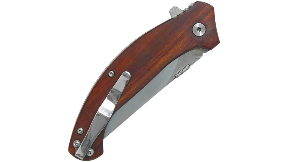 ABKT Tac Laramie Linerlock Sandalwood, 4.75in Closed, 3.5in Satin D2 Tool Steel Blade, Sandalwood Handle, Thumb Disk, Pocket Clip, AB047