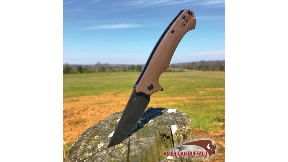 ABKT Tac Night Stalker Linerlock, 4.5in Closed, 3.5in Black Stonewash D2 Tool Steel Blade, Tan G10 Handle, Pocket Clip, AB007T