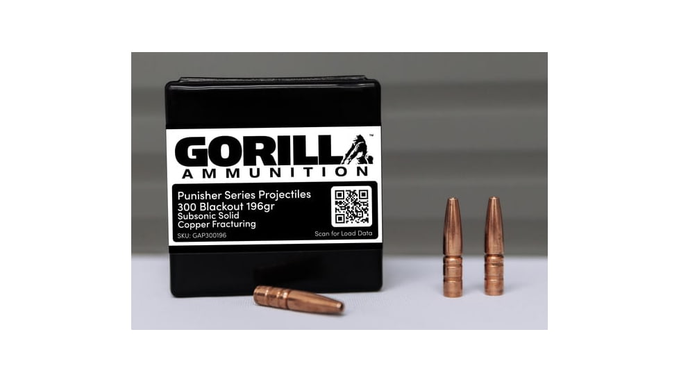 Gorilla Ammunition Gorilla Rifle Bullets, .300 AAC Blackout, 196 Grain, Solid Copper Subsonic Fracturing Projectiles, 50 Bullets, Copper, Pack, gpf-126812