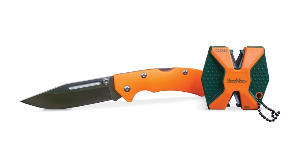 AccuSharp SharpNEasy Lockback Combo, 4.5in Closed, 3.25in Satin SS Blade, Orange G10 Handle, Pocket Clip, Thumb Stud, Includes Green/ Orange Sharpneasy Two Step Knife Sharpener, 721C