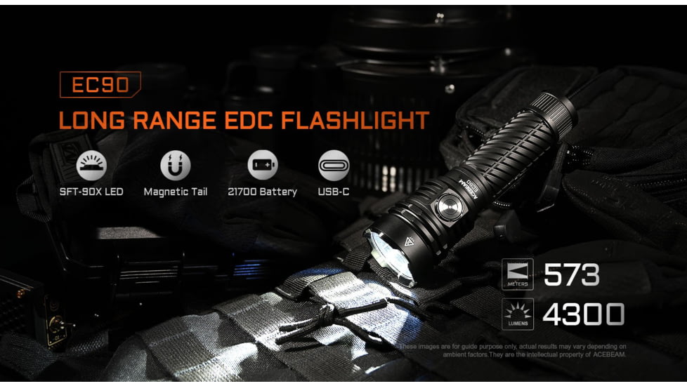 Acebeam EC90 Long Range 21700 USB-C Rechargeable Battery 4300 Lumens LED EDC Flashlight, Black, EC90 Black