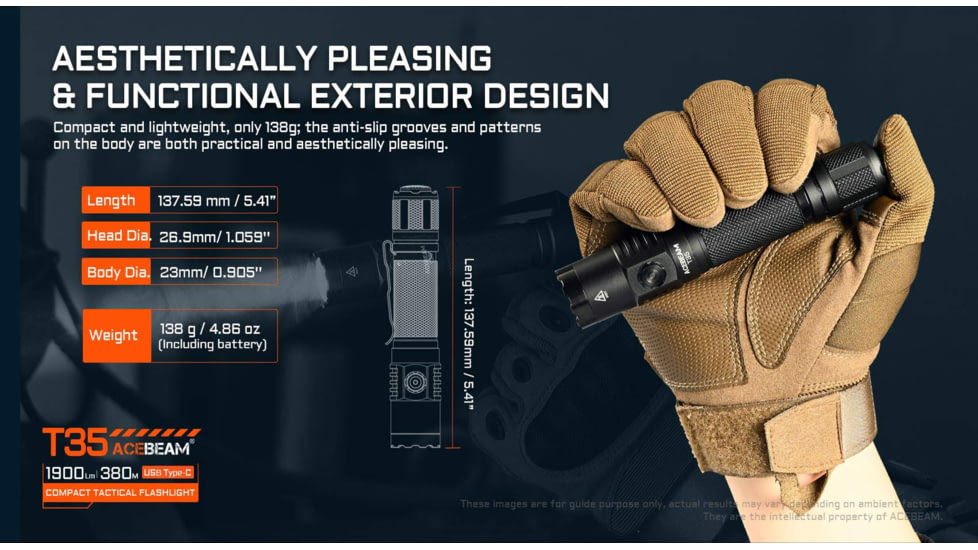 Acebeam T35 Compact Tactical Flashlight, Black, T35