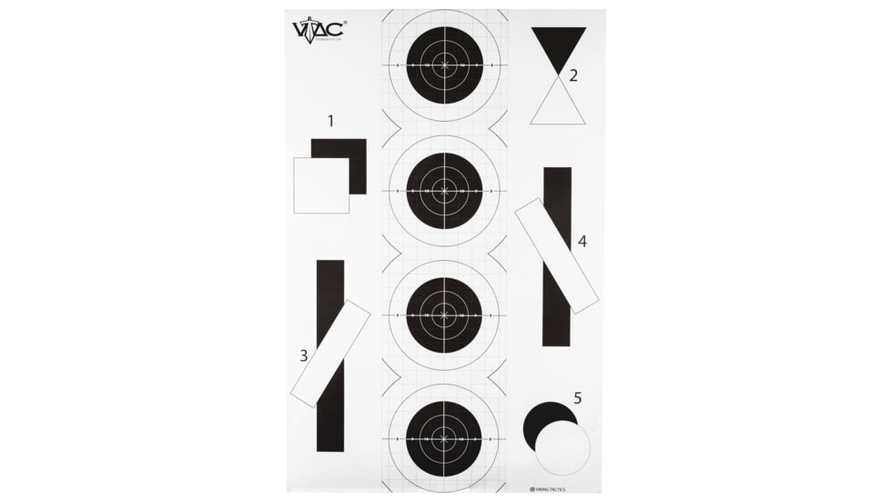 Action Target VTAC-P, Viking Tactics Double Sided Advanced Training Target, Marksmanship Side Has 4 SR-1C Bulls-Eye Target w/1 Square Sighting Grid, Silhouette Side w/Visible Skeleton, Black/White, 23x35, 100 Per Box