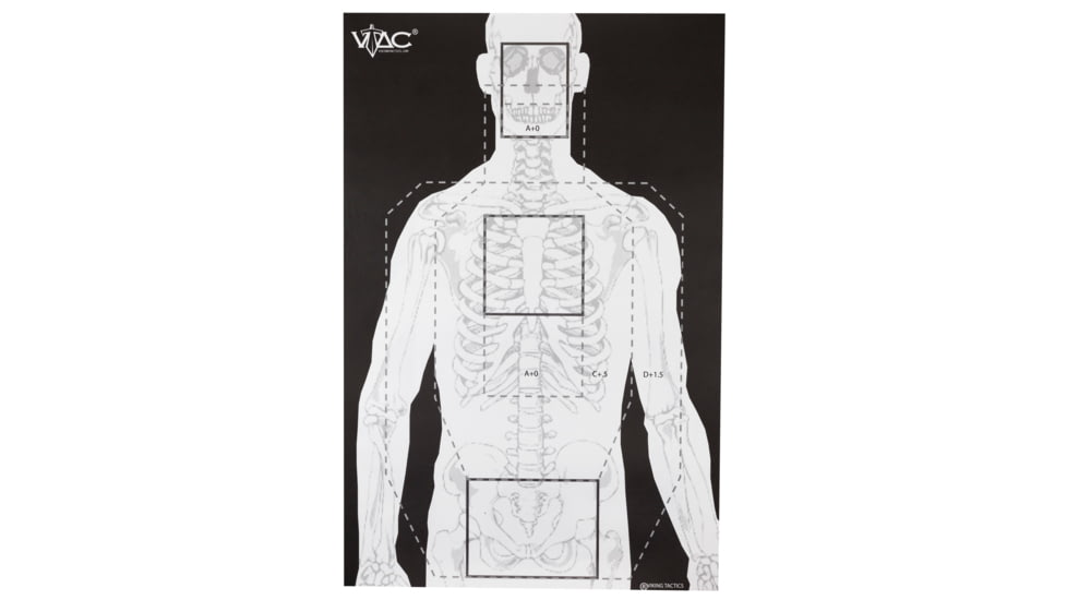 Action Target VTAC-P, Viking Tactics Double Sided Advanced Training Target, Marksmanship Side Has 4 SR-1C Bulls-Eye Target w/1 Square Sighting Grid, Silhouette Side w/Visible Skeleton, Black/White, 23x35, 100 Per Box