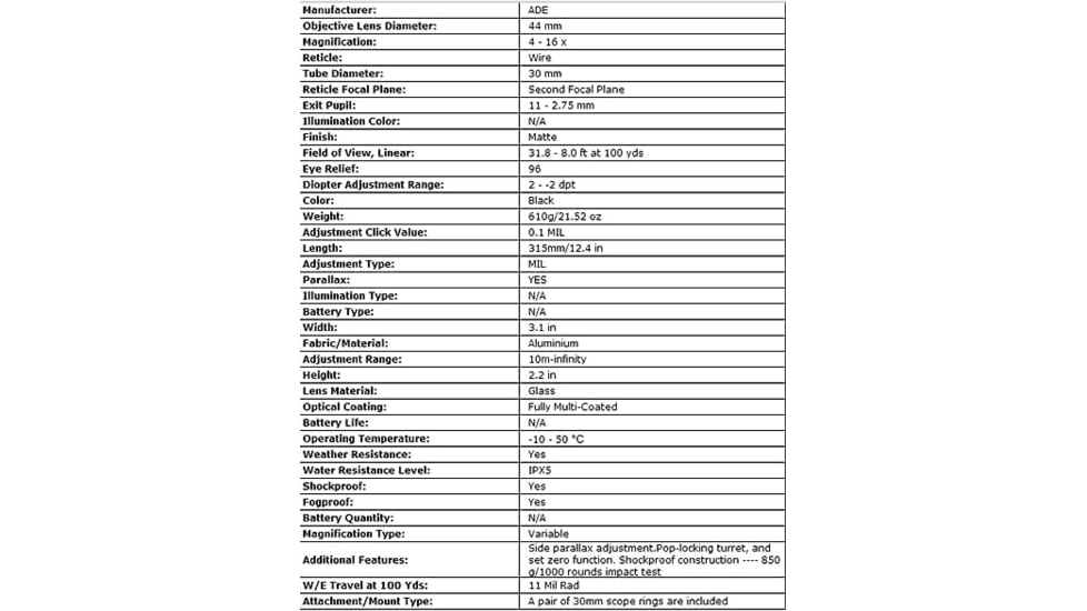 ADE Advanced Optics ProZoom 4-16x44mm Rifle Scope, 30mm Tube, Second Focal Plane, Mil Dot Reticle, Black, 4-16X44