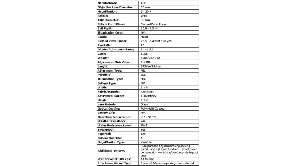 ADE Advanced Optics ProZoom 5-20x50mm Rifle Scope, 30mm Tube, Second Focal Plane, Mil Dot Reticle, Black, 5-20X50