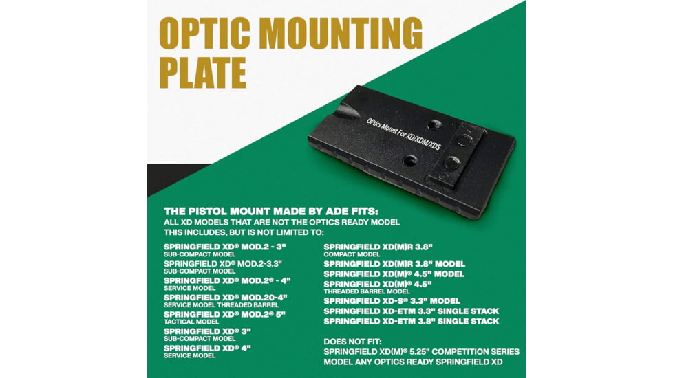 ADE Advanced Optics RD3-006X 1x Reflex Green Dot Sight w/Springfield XD, MOD.2 Optic Mount Plate