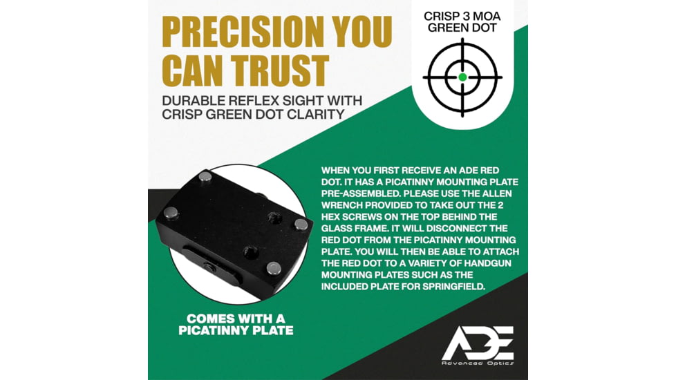 ADE Advanced Optics RD3-006X 1x Reflex Green Dot Sight w/Springfield XD, MOD.2 Optic Mount Plate