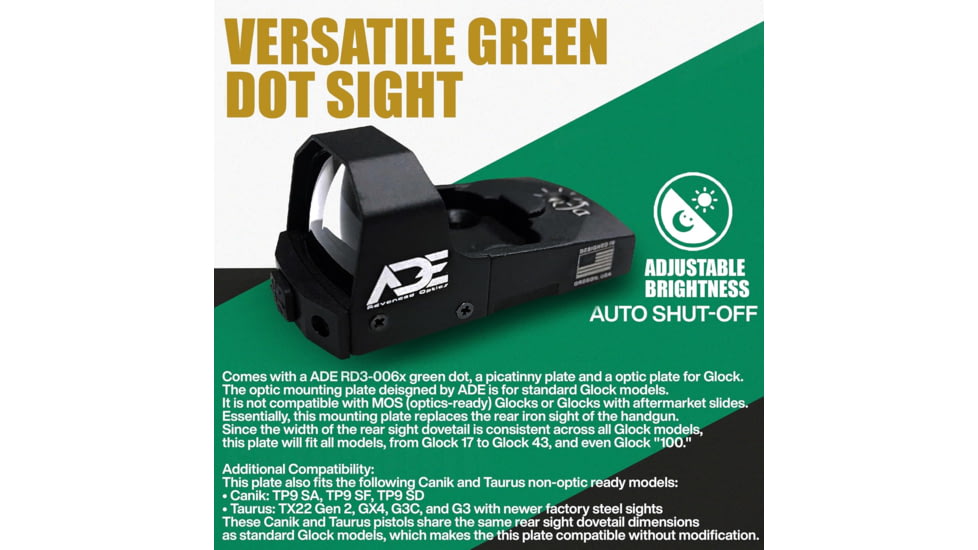 ADE Advanced Optics RD3-006x 1x Reflex Green Dot Sight w/D1 Rear Optic Mount Plate