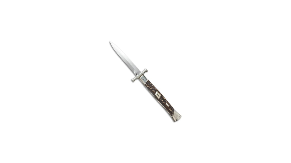 Aga Campolin AGA Campolin 13&quot; Bat Swinguard Automatic Knife Stag Horn 5.75&quot; Satin Bayo, Brown, Stainless Steel, adult, BHQ-50781