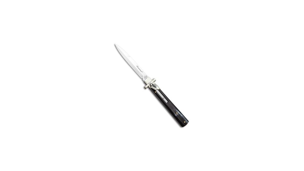 A.G.A. Campolin 9 Dominus Automatic Folding Knife, 4.00in, Stainless Steel, Bayonet Blade, Horn, Black Handle, Black/Gray, 9.00 inch, BHQ-97993