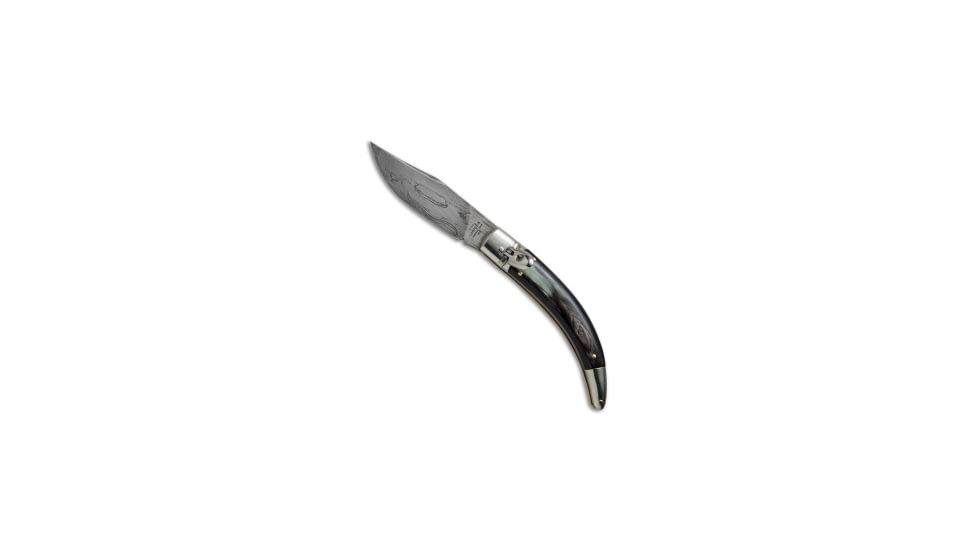 A.G.A. Campolin Diana Automatic Folding Knife, 3.75in, Damascus, Clip Point Blade, Dark Horn, Black Handle, Black/Black, 8.50 inch, BHQ-67443