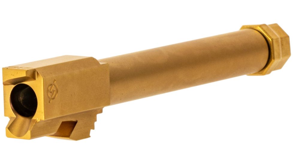 Agency Arms Syndicate Drop-In Match Grade Barrel, Threaded, Glock 17 Gen1-4, 1-10 Twist, 1/2x28, Thread Protector, Titanium Nitride, Gold, SYN17TTiN