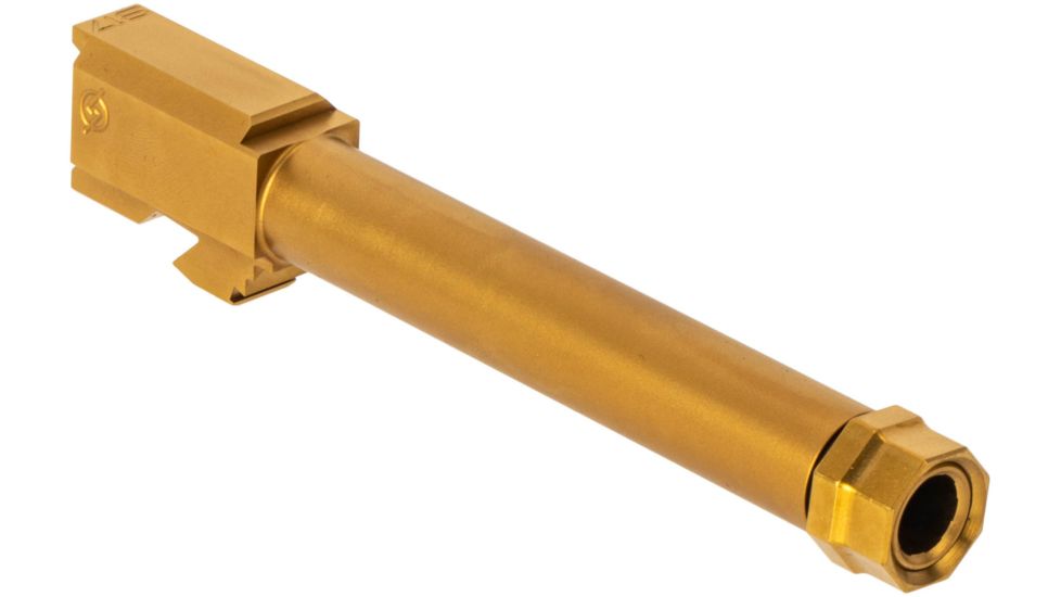 Agency Arms Syndicate Drop-In Match Grade Barrel, Threaded, Glock 17 Gen1-4, 1-10 Twist, 1/2x28, Thread Protector, Titanium Nitride, Gold, SYN17TTiN