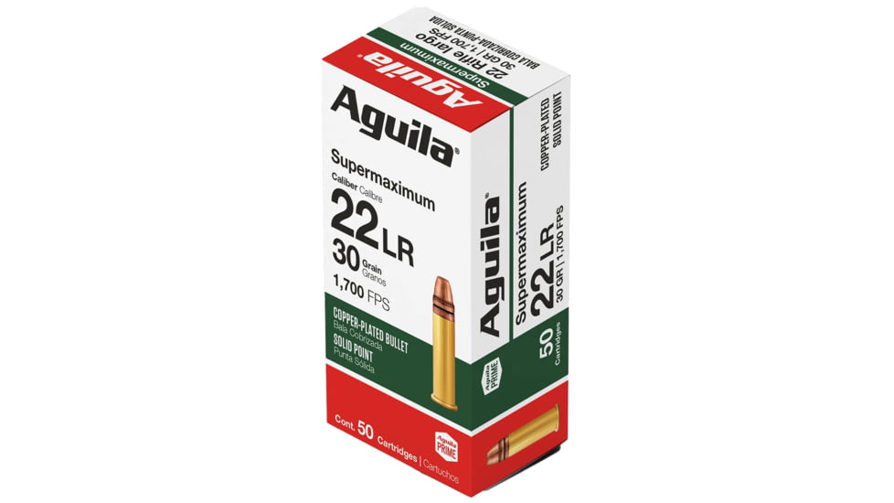 Aguila Ammunition .22 Long Rifle Super Max 30 Grain Copper-Plated Solid Point, Brass Cased, Centerfire Rimfire Ammo, 50 Rounds, 1B220298
