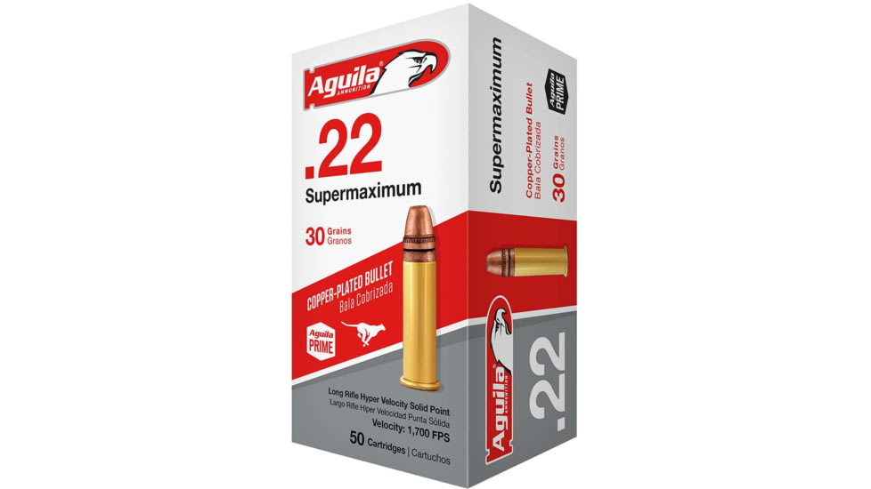 Aguila Ammunition .22 Long Rifle Super Max, 30 Grain, Hyper Velocity Copper-Plated Solid Point, Lead Round Nose LRN, Brass Cased, Centerfire Rimfire Ammo, Case of 1000 Rounds, 1B220298-CS